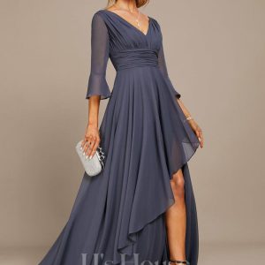 Formal & Evening | A-line V-Neck Floor-Length Chiffon Evening Dress With Cascading Ruffles Stormy – Womens