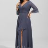 Formal & Evening | A-line V-Neck Floor-Length Chiffon Evening Dress With Cascading Ruffles Stormy – Womens