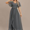 Formal & Evening | A-line V-Neck Floor-Length Chiffon Evening Dress With Pleated Beading Steel Grey – Womens