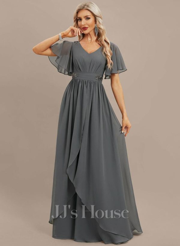 Formal & Evening | A-line V-Neck Floor-Length Chiffon Evening Dress With Pleated Beading Steel Grey – Womens