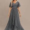 Formal & Evening | A-line V-Neck Floor-Length Chiffon Evening Dress With Pleated Beading Steel Grey – Womens