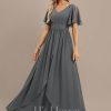 Formal & Evening | A-line V-Neck Floor-Length Chiffon Evening Dress With Pleated Beading Steel Grey – Womens