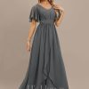 Formal & Evening | A-line V-Neck Floor-Length Chiffon Evening Dress With Pleated Beading Steel Grey – Womens