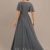 Formal & Evening | A-line V-Neck Floor-Length Chiffon Evening Dress With Pleated Beading Steel Grey – Womens