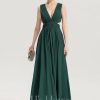 Formal & Evening | A-line V-Neck Floor-Length Chiffon Evening Dress With Pleated Dark Green – Womens