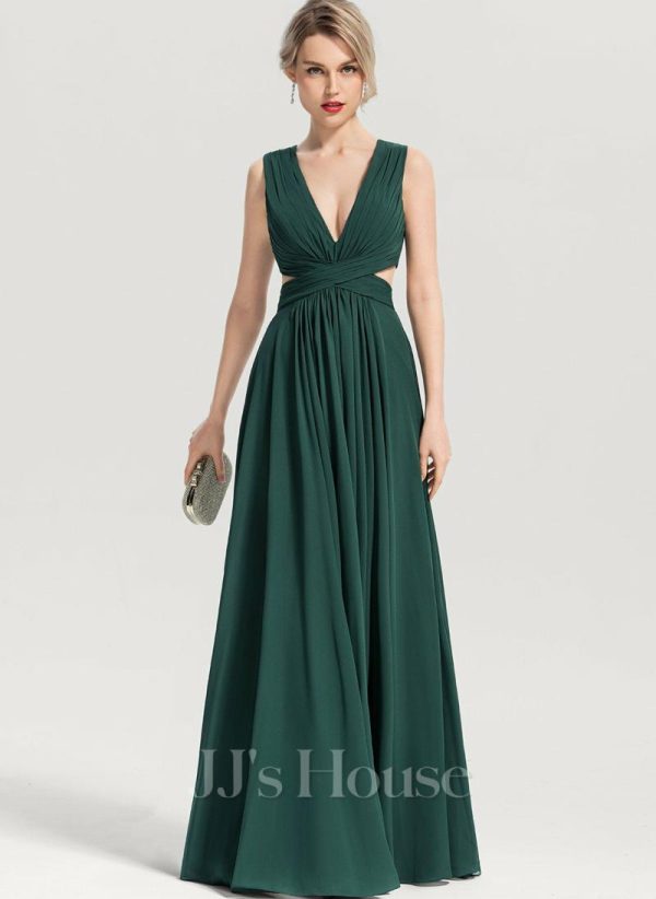 Formal & Evening | A-line V-Neck Floor-Length Chiffon Evening Dress With Pleated Dark Green – Womens