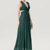 Formal & Evening | A-line V-Neck Floor-Length Chiffon Evening Dress With Pleated Dark Green – Womens