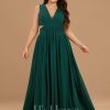 Formal & Evening | A-line V-Neck Floor-Length Chiffon Evening Dress With Pleated Dark Green – Womens