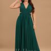 Formal & Evening | A-line V-Neck Floor-Length Chiffon Evening Dress With Pleated Dark Green – Womens