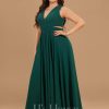 Formal & Evening | A-line V-Neck Floor-Length Chiffon Evening Dress With Pleated Dark Green – Womens