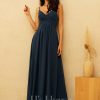 Formal & Evening | A-line V-Neck Floor-Length Chiffon Evening Dress With Pleated Dark Navy – Womens