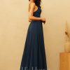 Formal & Evening | A-line V-Neck Floor-Length Chiffon Evening Dress With Pleated Dark Navy – Womens