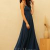 Formal & Evening | A-line V-Neck Floor-Length Chiffon Evening Dress With Pleated Dark Navy – Womens