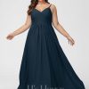 Formal & Evening | A-line V-Neck Floor-Length Chiffon Evening Dress With Pleated Dark Navy – Womens