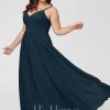 Formal & Evening | A-line V-Neck Floor-Length Chiffon Evening Dress With Pleated Dark Navy – Womens