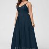 Formal & Evening | A-line V-Neck Floor-Length Chiffon Evening Dress With Pleated Dark Navy – Womens