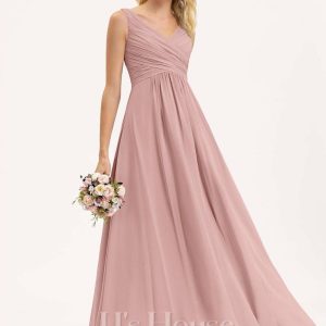 Formal & Evening | A-line V-Neck Floor-Length Chiffon Evening Dress With Pleated Dusty Rose – Womens