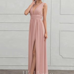 Formal & Evening | A-line V-Neck Floor-Length Chiffon Evening Dress With Pleated Dusty Rose – Womens