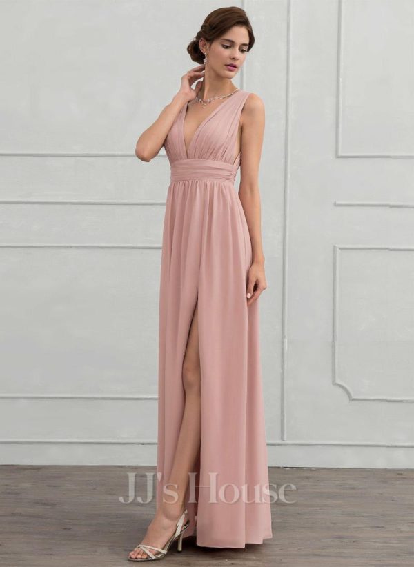 Formal & Evening | A-line V-Neck Floor-Length Chiffon Evening Dress With Pleated Dusty Rose – Womens