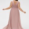 Formal & Evening | A-line V-Neck Floor-Length Chiffon Evening Dress With Pleated Dusty Rose – Womens