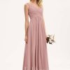 Formal & Evening | A-line V-Neck Floor-Length Chiffon Evening Dress With Pleated Dusty Rose – Womens