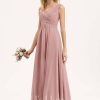 Formal & Evening | A-line V-Neck Floor-Length Chiffon Evening Dress With Pleated Dusty Rose – Womens