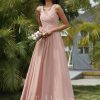 Formal & Evening | A-line V-Neck Floor-Length Chiffon Evening Dress With Pleated Dusty Rose – Womens