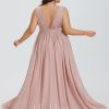 Formal & Evening | A-line V-Neck Floor-Length Chiffon Evening Dress With Pleated Dusty Rose – Womens