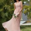 Formal & Evening | A-line V-Neck Floor-Length Chiffon Evening Dress With Pleated Dusty Rose – Womens