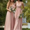 Formal & Evening | A-line V-Neck Floor-Length Chiffon Evening Dress With Pleated Dusty Rose – Womens