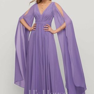 Formal & Evening | A-line V-Neck Floor-Length Chiffon Evening Dress With Pleated Tahiti – Womens