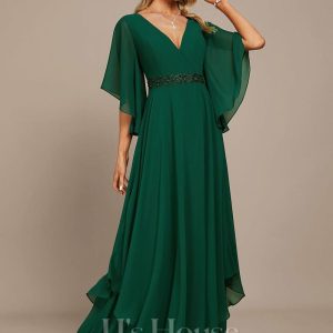 Formal & Evening | A-line V-Neck Floor-Length Chiffon Evening Dress With Sequins Appliques Lace Beading Dark Green – Womens