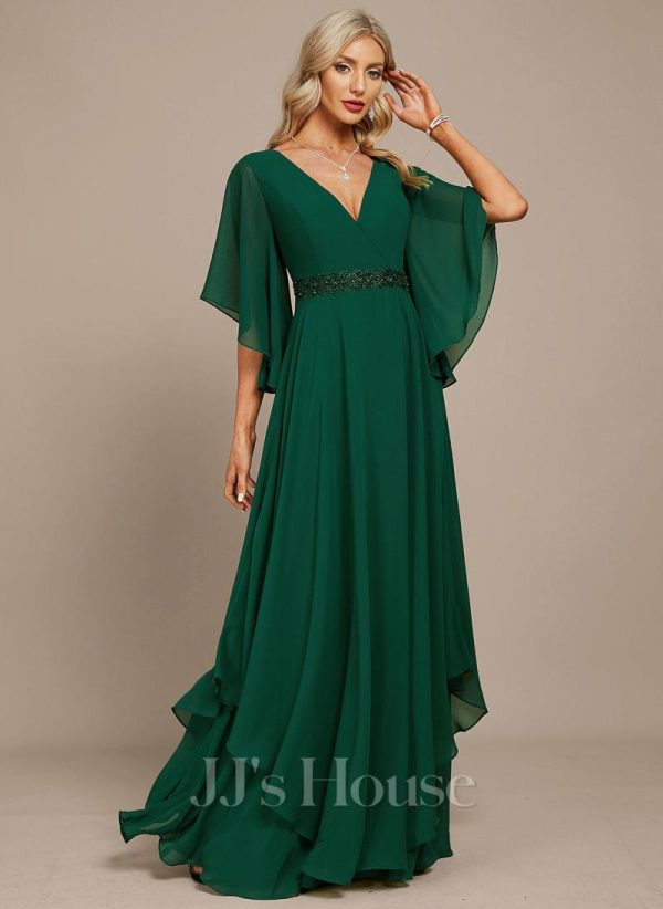 Formal & Evening | A-line V-Neck Floor-Length Chiffon Evening Dress With Sequins Appliques Lace Beading Dark Green – Womens