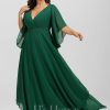 Formal & Evening | A-line V-Neck Floor-Length Chiffon Evening Dress With Sequins Appliques Lace Beading Dark Green – Womens