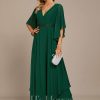 Formal & Evening | A-line V-Neck Floor-Length Chiffon Evening Dress With Sequins Appliques Lace Beading Dark Green – Womens