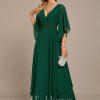 Formal & Evening | A-line V-Neck Floor-Length Chiffon Evening Dress With Sequins Appliques Lace Beading Dark Green – Womens