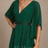 Formal & Evening | A-line V-Neck Floor-Length Chiffon Evening Dress With Sequins Appliques Lace Beading Dark Green – Womens