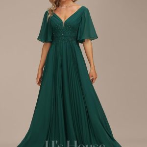 Formal & Evening | A-line V-Neck Floor-Length Chiffon Evening Dress With Sequins Appliques Lace Pleated Dark Green – Womens