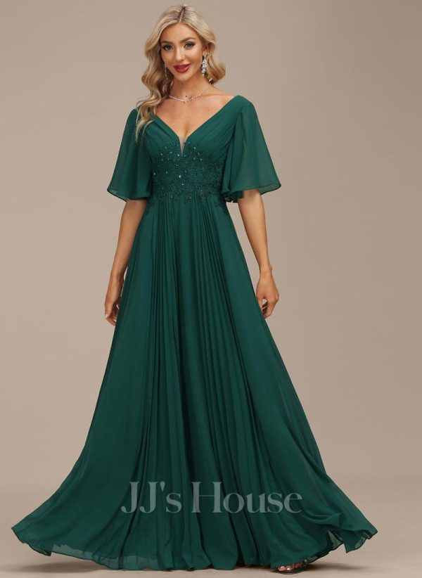 Formal & Evening | A-line V-Neck Floor-Length Chiffon Evening Dress With Sequins Appliques Lace Pleated Dark Green – Womens