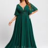 Formal & Evening | A-line V-Neck Floor-Length Chiffon Evening Dress With Sequins Appliques Lace Pleated Dark Green – Womens