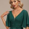 Formal & Evening | A-line V-Neck Floor-Length Chiffon Evening Dress With Sequins Appliques Lace Pleated Dark Green – Womens