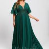 Formal & Evening | A-line V-Neck Floor-Length Chiffon Evening Dress With Sequins Appliques Lace Pleated Dark Green – Womens