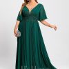 Formal & Evening | A-line V-Neck Floor-Length Chiffon Evening Dress With Sequins Appliques Lace Pleated Dark Green – Womens