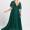 Formal & Evening | A-line V-Neck Floor-Length Chiffon Evening Dress With Sequins Appliques Lace Pleated Dark Green – Womens