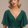 Formal & Evening | A-line V-Neck Floor-Length Chiffon Evening Dress With Sequins Appliques Lace Pleated Dark Green – Womens