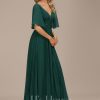 Formal & Evening | A-line V-Neck Floor-Length Chiffon Evening Dress With Sequins Appliques Lace Pleated Dark Green – Womens