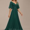 Formal & Evening | A-line V-Neck Floor-Length Chiffon Evening Dress With Sequins Appliques Lace Pleated Dark Green – Womens