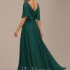 Formal & Evening | A-line V-Neck Floor-Length Chiffon Evening Dress With Sequins Appliques Lace Pleated Dark Green – Womens