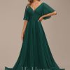 Formal & Evening | A-line V-Neck Floor-Length Chiffon Evening Dress With Sequins Appliques Lace Pleated Dark Green – Womens