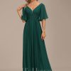 Formal & Evening | A-line V-Neck Floor-Length Chiffon Evening Dress With Sequins Appliques Lace Pleated Dark Green – Womens